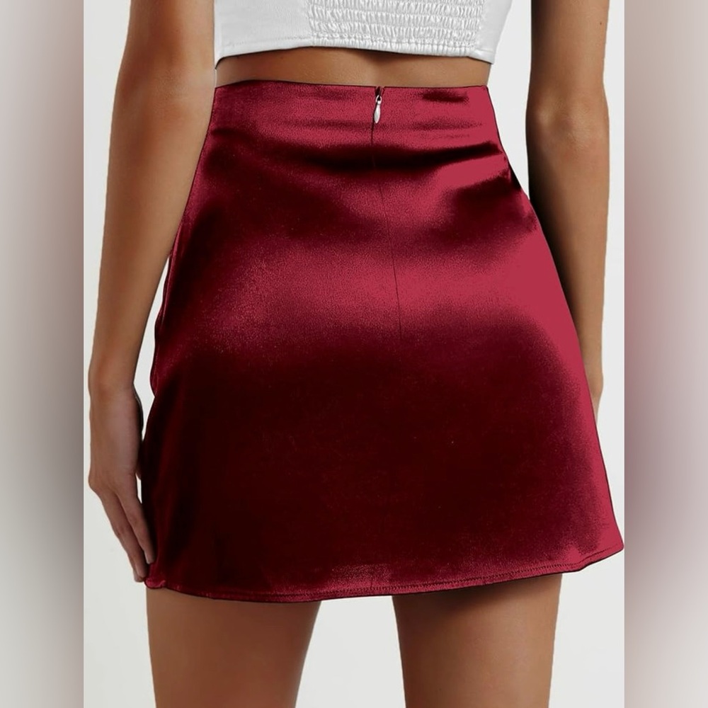 Red Satin Mini Skirt High Waist Front Slit Club Skirt | Size S - Picture 3 of 7